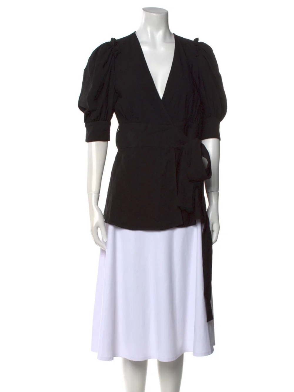 Black Proenza Schouler V-Neck Short Puff Sleeve Wrap Shirt Top Tunic Blouse